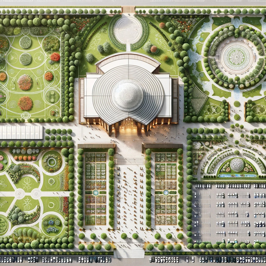 Detailed marriage garden plan view of a large marriage garden, showcasing a vast, expansive garden area filled with a variety of trees, flower beds, and walking pat