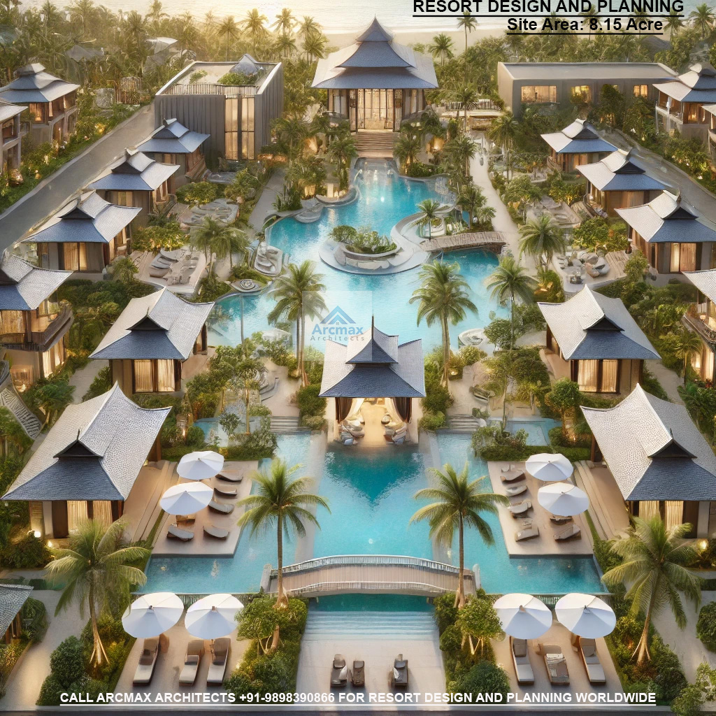 create A stunning resort design view featuring luxurious beachfront villas with private pools, lush tropical landscaping, a central lagoon-style swimming pool, and a grand entrance with elegant architecture. The design should include spacious outdoor lounging areas, a modern open-air restaurant, and scenic walkways lined with palm trees and exotic plants. The overall ambiance should be serene and inviting, with high-quality materials and attention to detail throughout the design