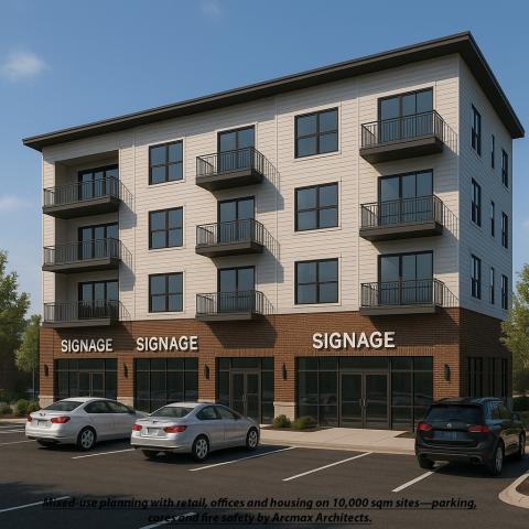 Mixed-use planning with retail, offices and housing on 10,000 sqm sites parking, cores and fire safety by Arcmax Architects